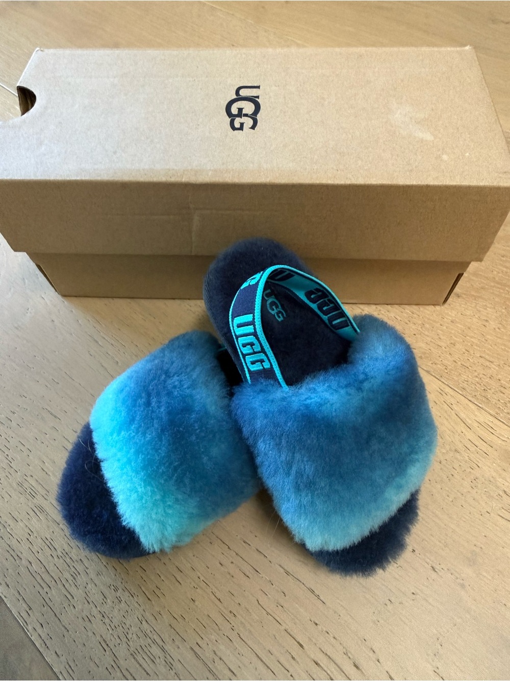 UGG Kids Teal Blue Ombre Fluff Slippers